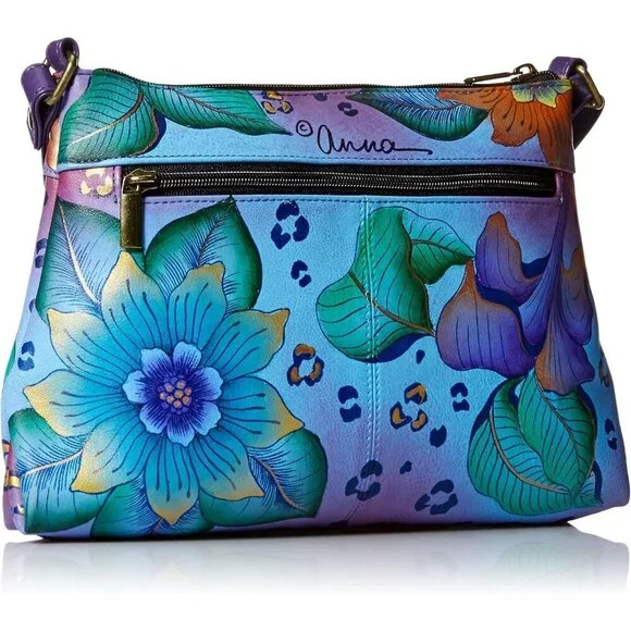 Women's Leather Crossbody Organizer Hand-painted Tropical Safari Fashion - Picture 2 of 6